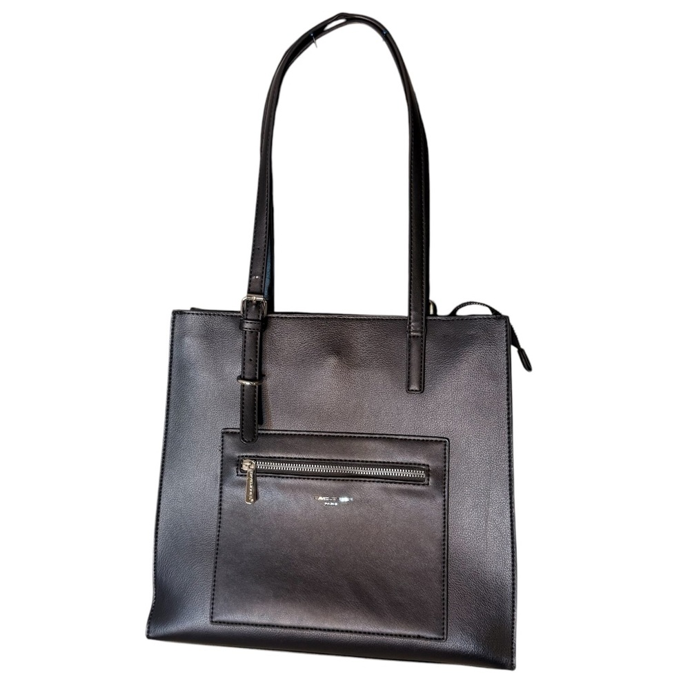 DAVID JONES Black Faux Leather Tote Bag Handbag Classic Zipper Structured